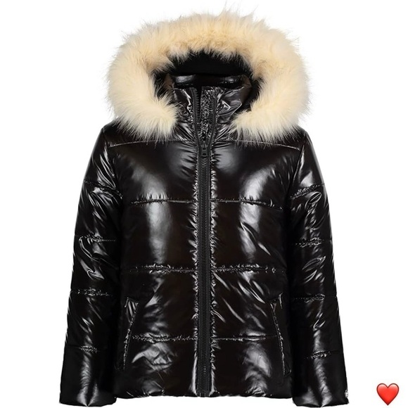 Hudson Kids Puffer Jacket Girls XL (16) High Gloss Deep Black Faux Fur New NWT